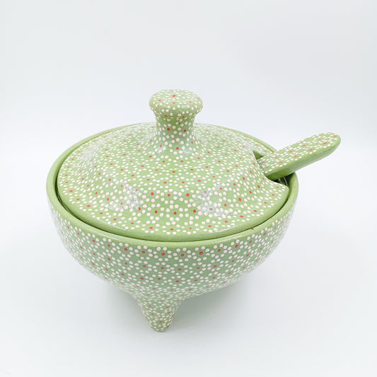 Salsera de barro capulineado con tapa y cuchara