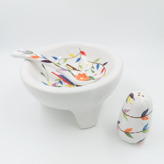 Molcajete set with spoon and salt shaker in Michoacán ceramics with Otomi detail