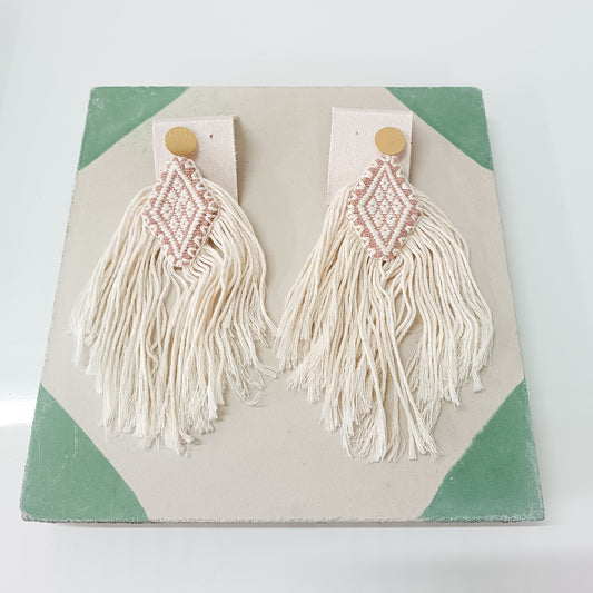 Diamond earrings woven on a backstrap loom with fringes