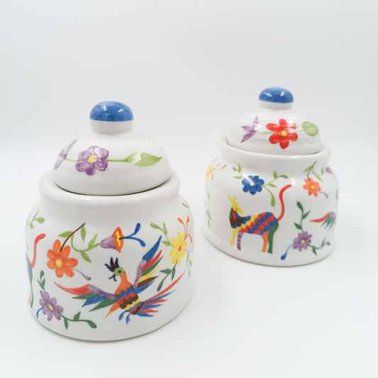 Ceramic sugar bowls from Michoacán with Otomi details