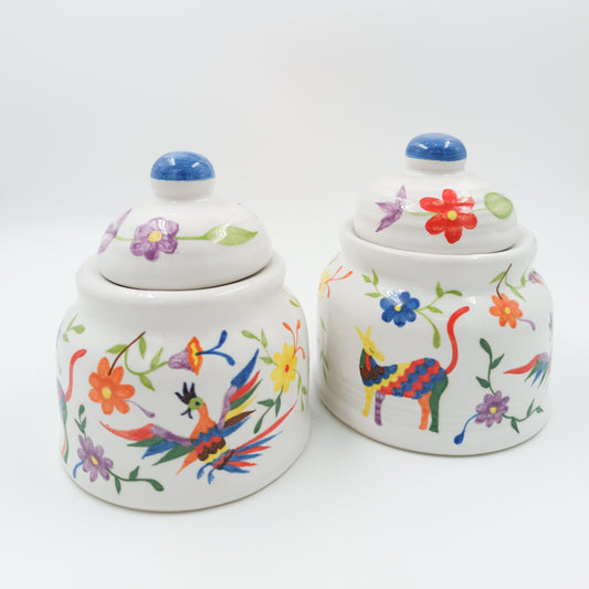 Ceramic sugar bowls from Michoacán with Otomi details