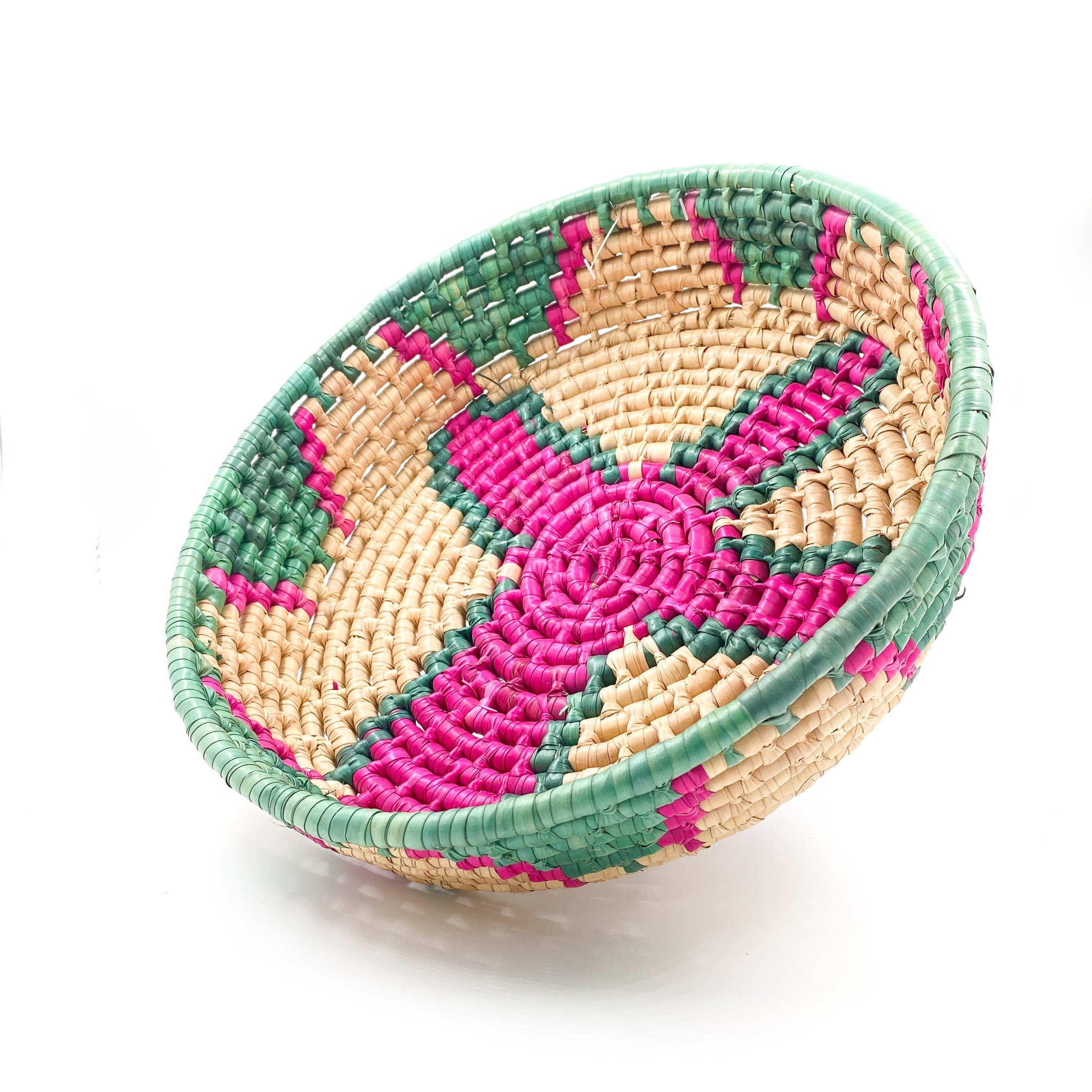 Braided palm bread basket - pink and green