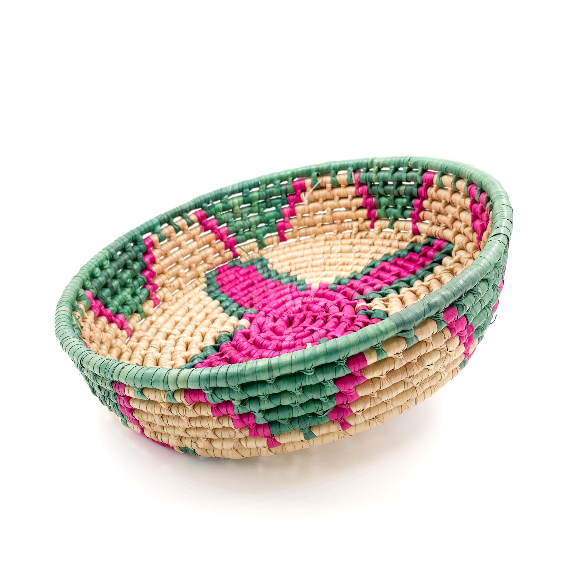 Braided palm bread basket - pink and green