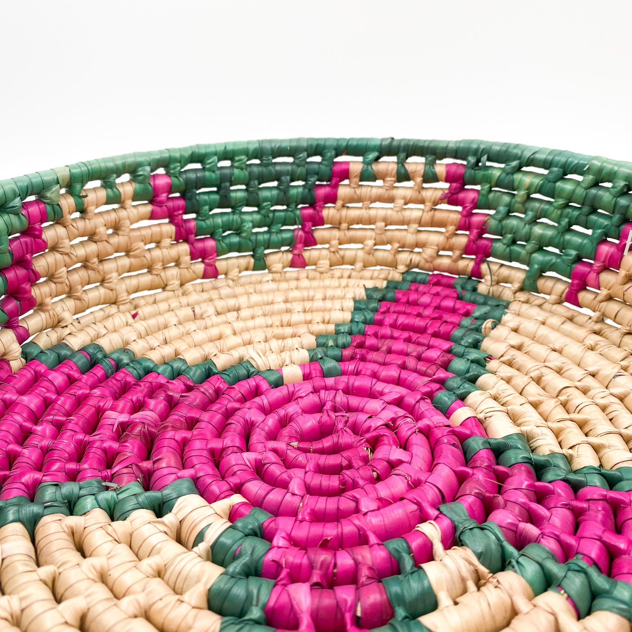 Braided palm bread basket - pink and green