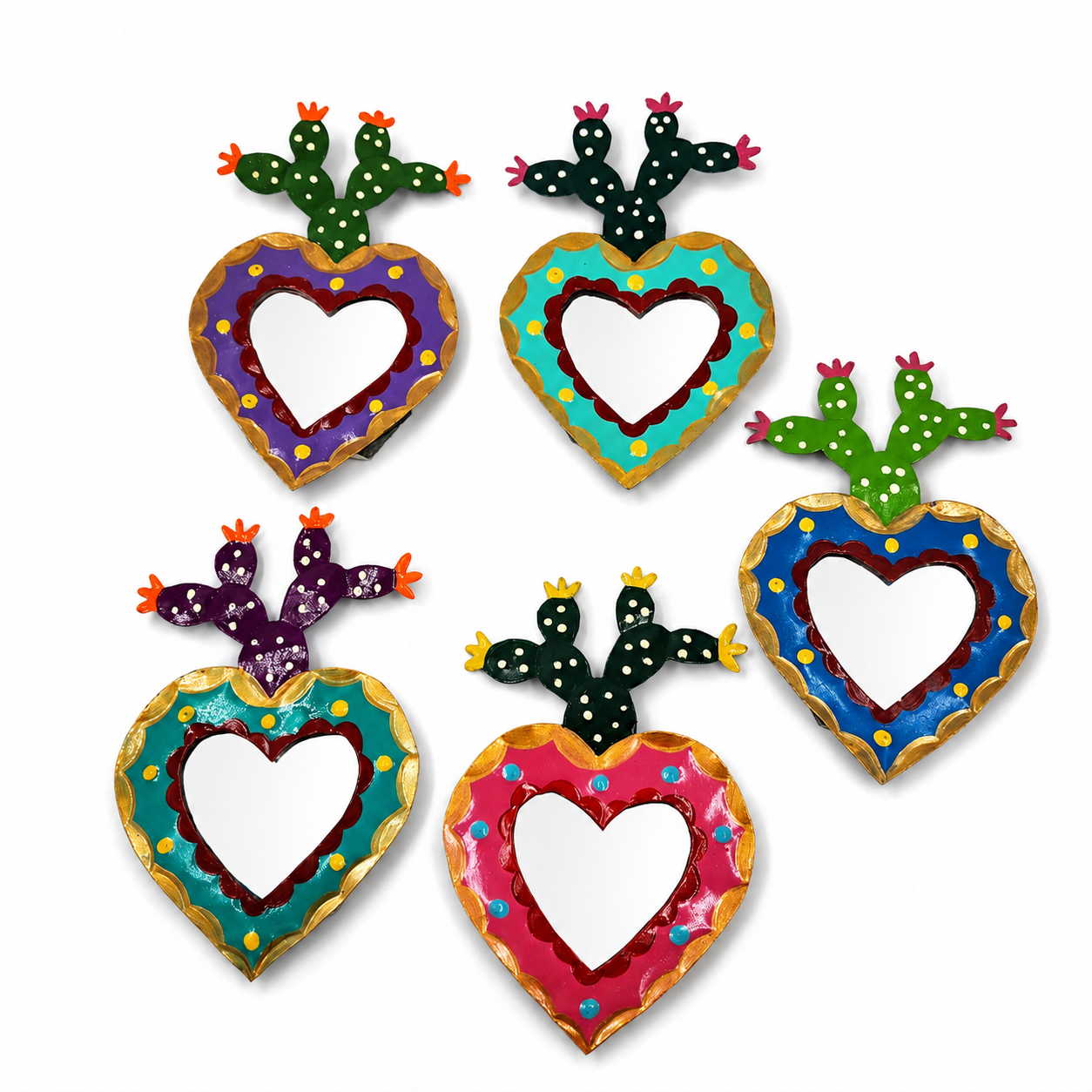 Corazón Milagrito con nopal y espejo de hojalata