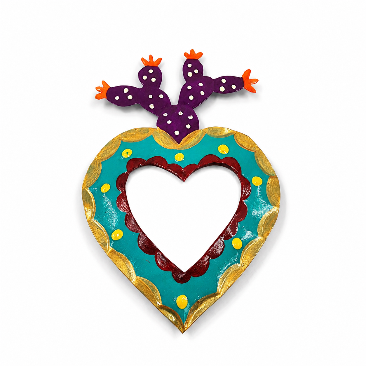 Corazón Milagrito con nopal y espejo de hojalata