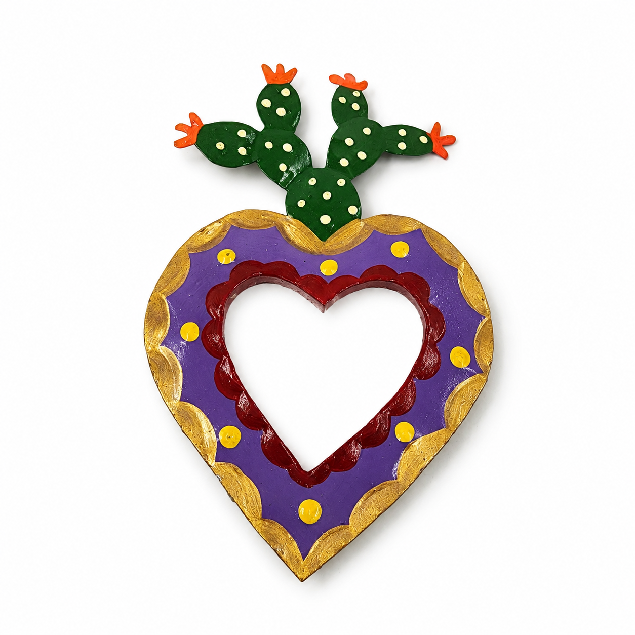 Corazón Milagrito con nopal y espejo de hojalata