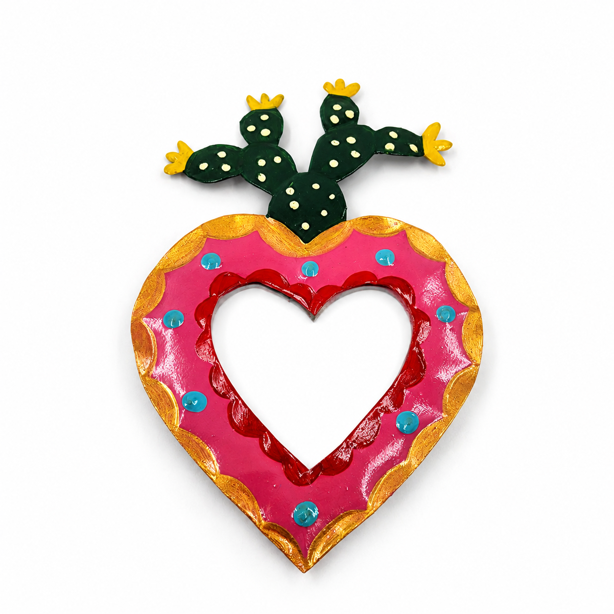Corazón Milagrito con nopal y espejo de hojalata