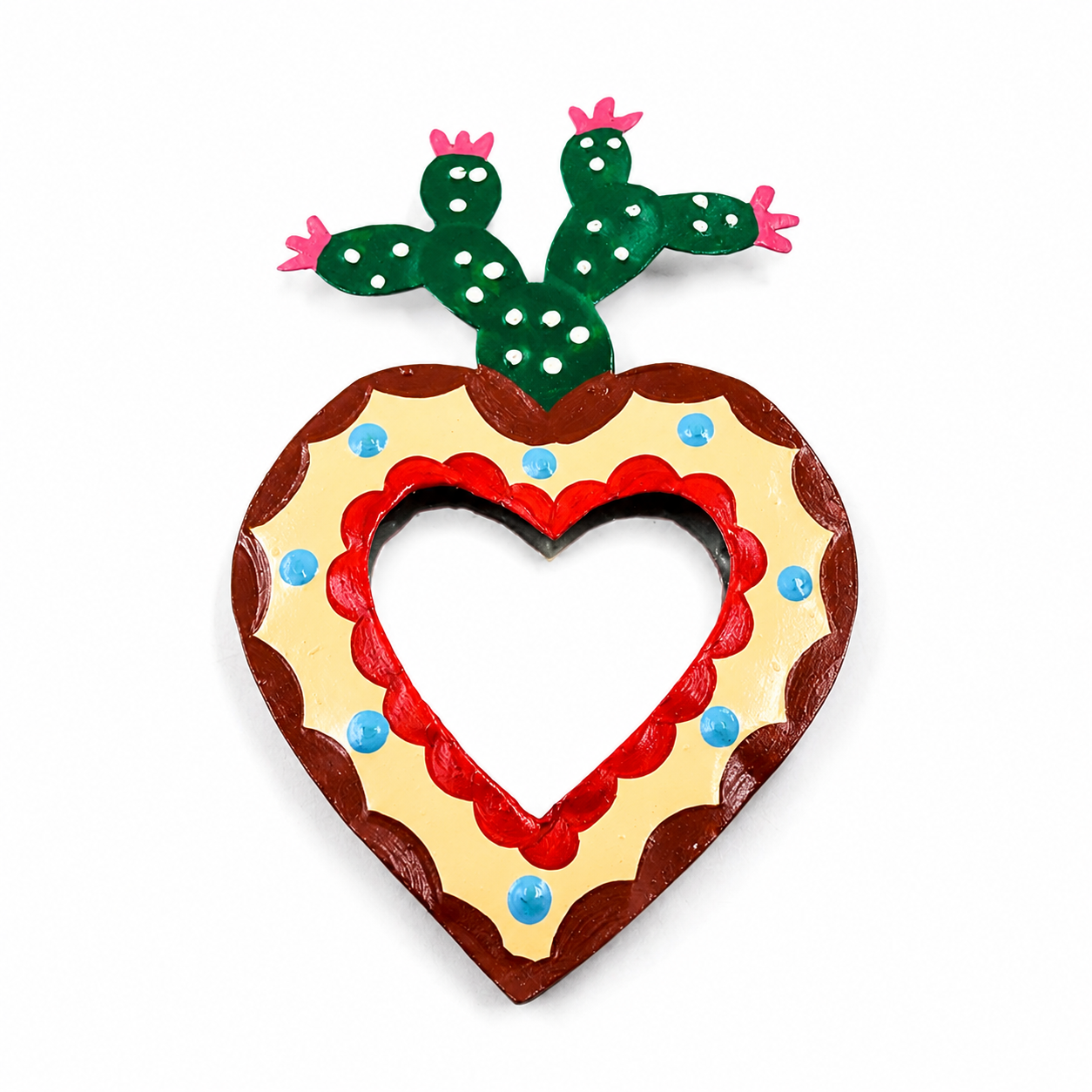 Corazón Milagrito con nopal y espejo de hojalata