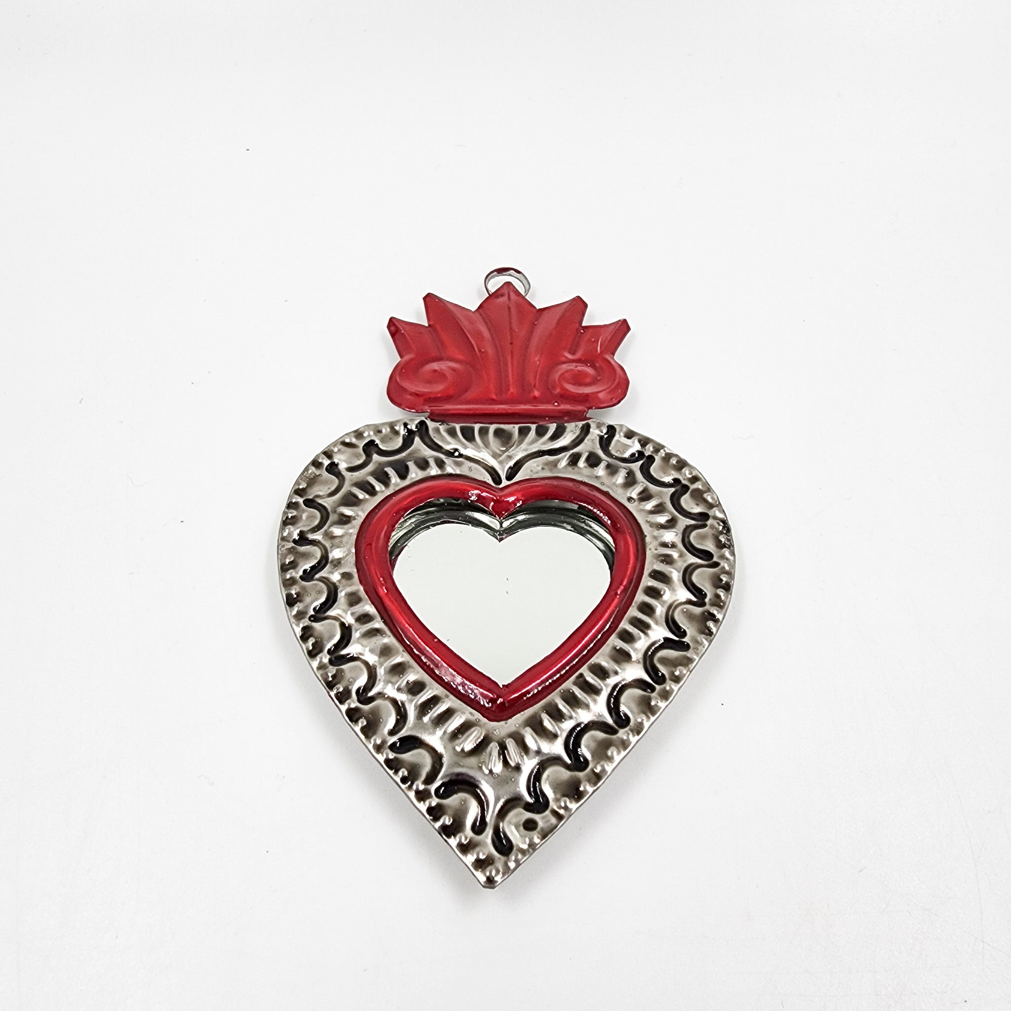 Mini embossed tin heart mirror