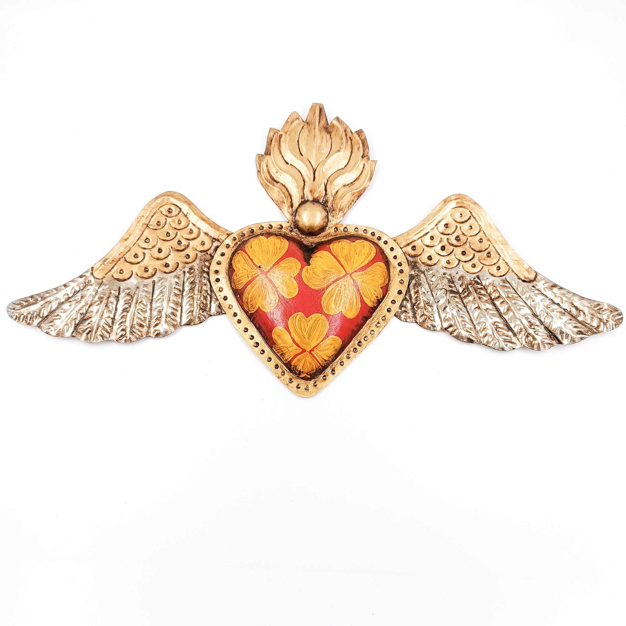 Brass heart with wings and crown of fire