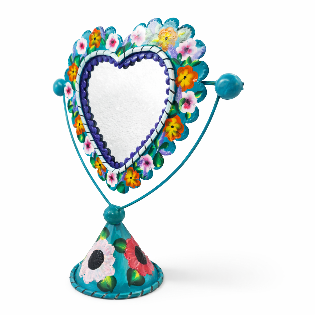 Hand-painted tin heart table mirror