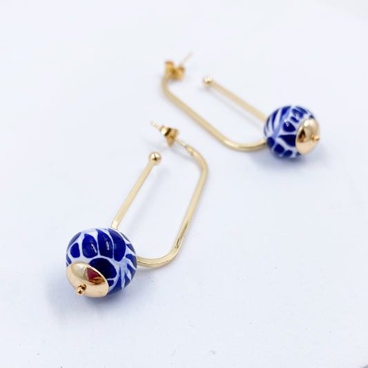 Talavera Poblana blue and white hoop earrings