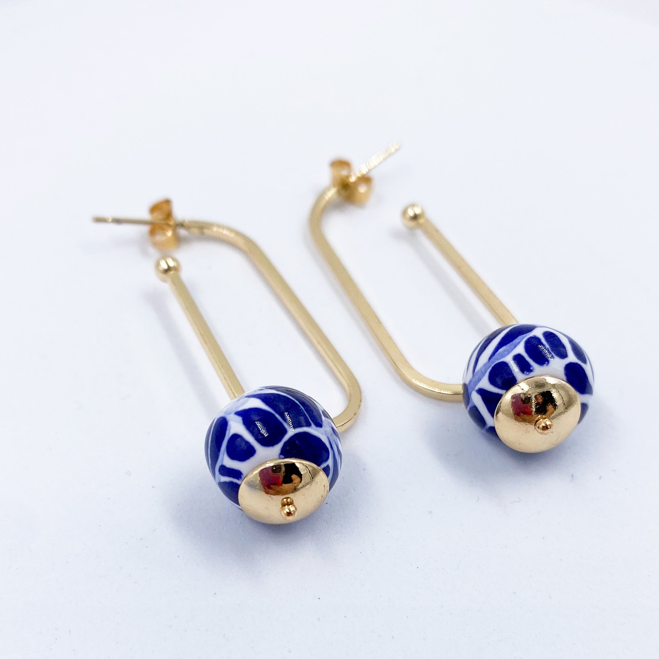 Talavera Poblana blue and white hoop earrings