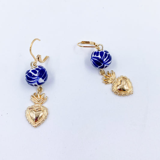 Talavera Huggies Earrings with Heart Charm in 14k Gold Plate