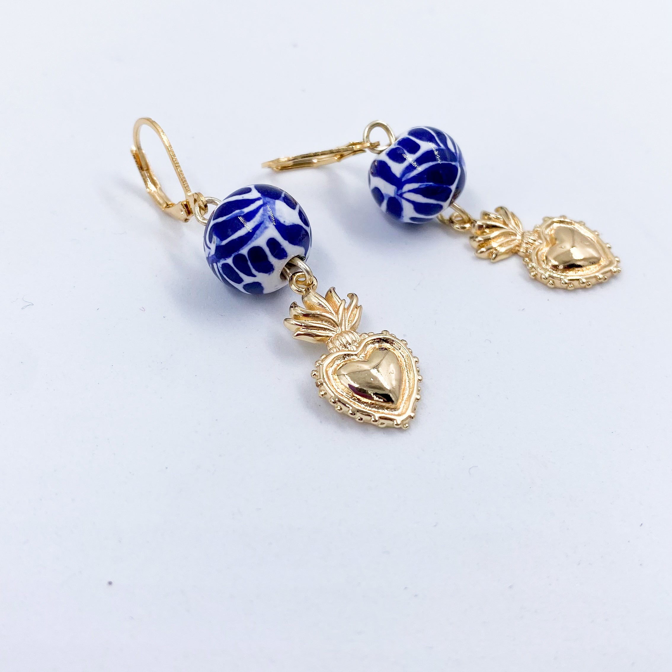 Talavera Huggies Earrings with Heart Charm in 14k Gold Plate