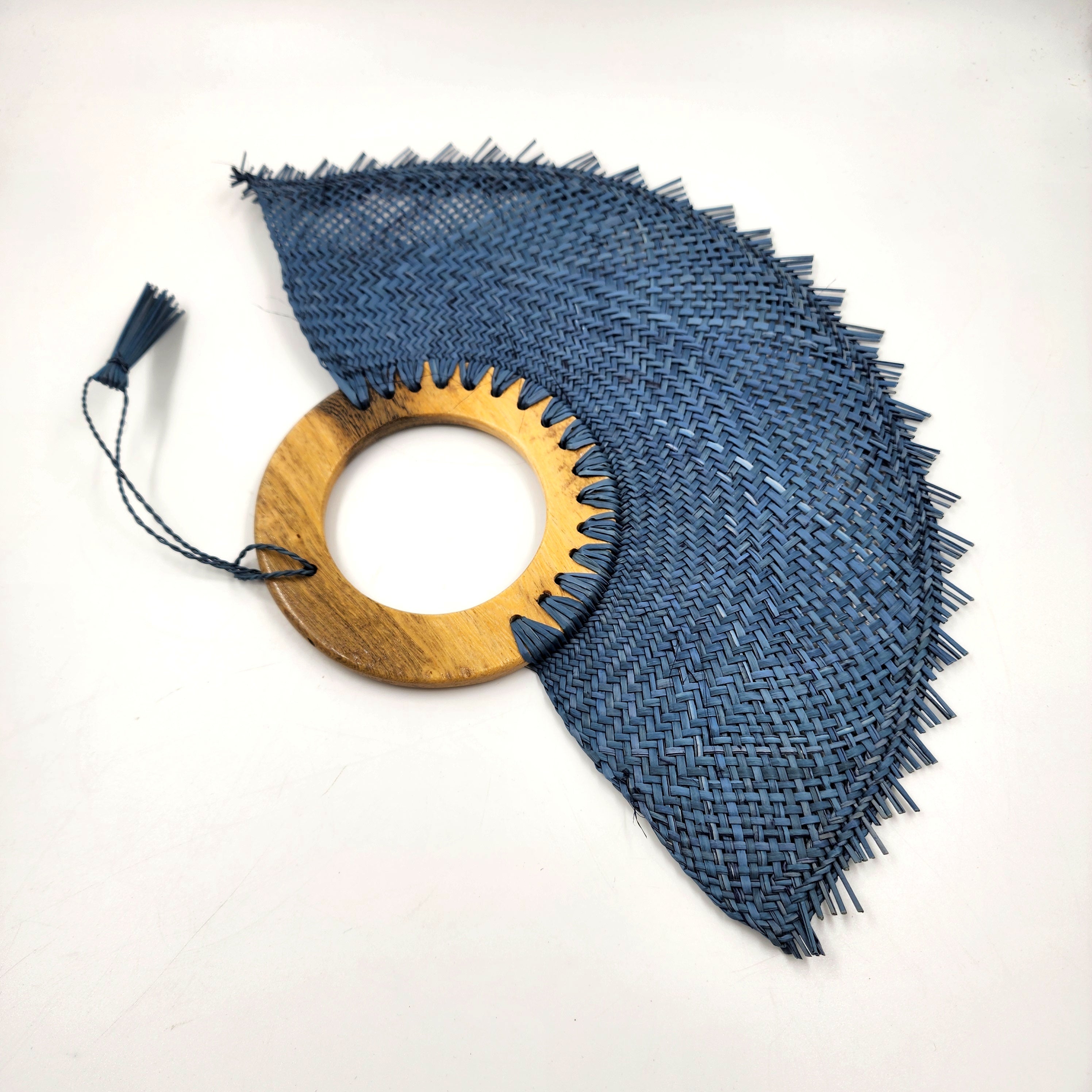 Large pastel blue jipijapa fan with tzalam wood