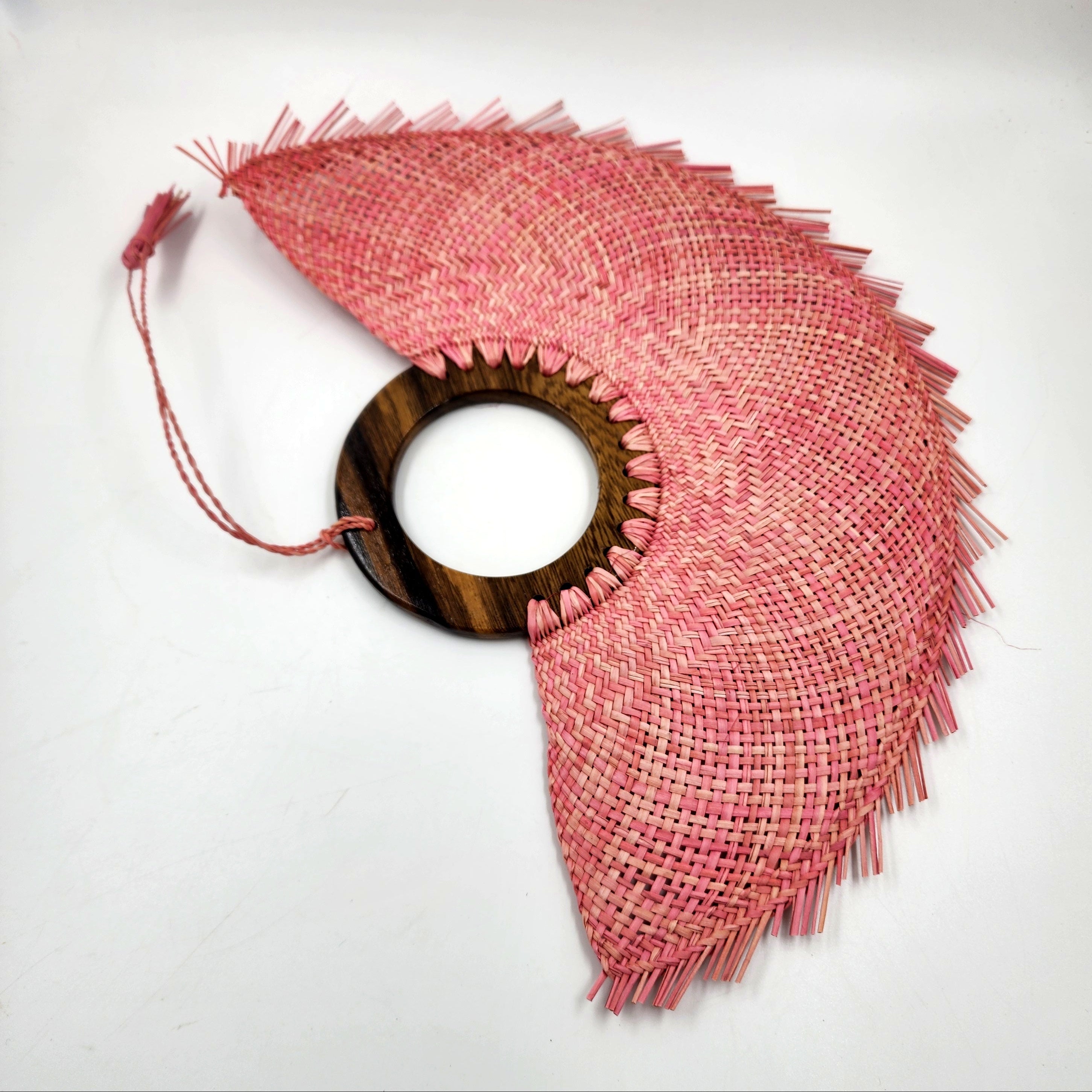 Large pastel blue jipijapa fan with tzalam wood