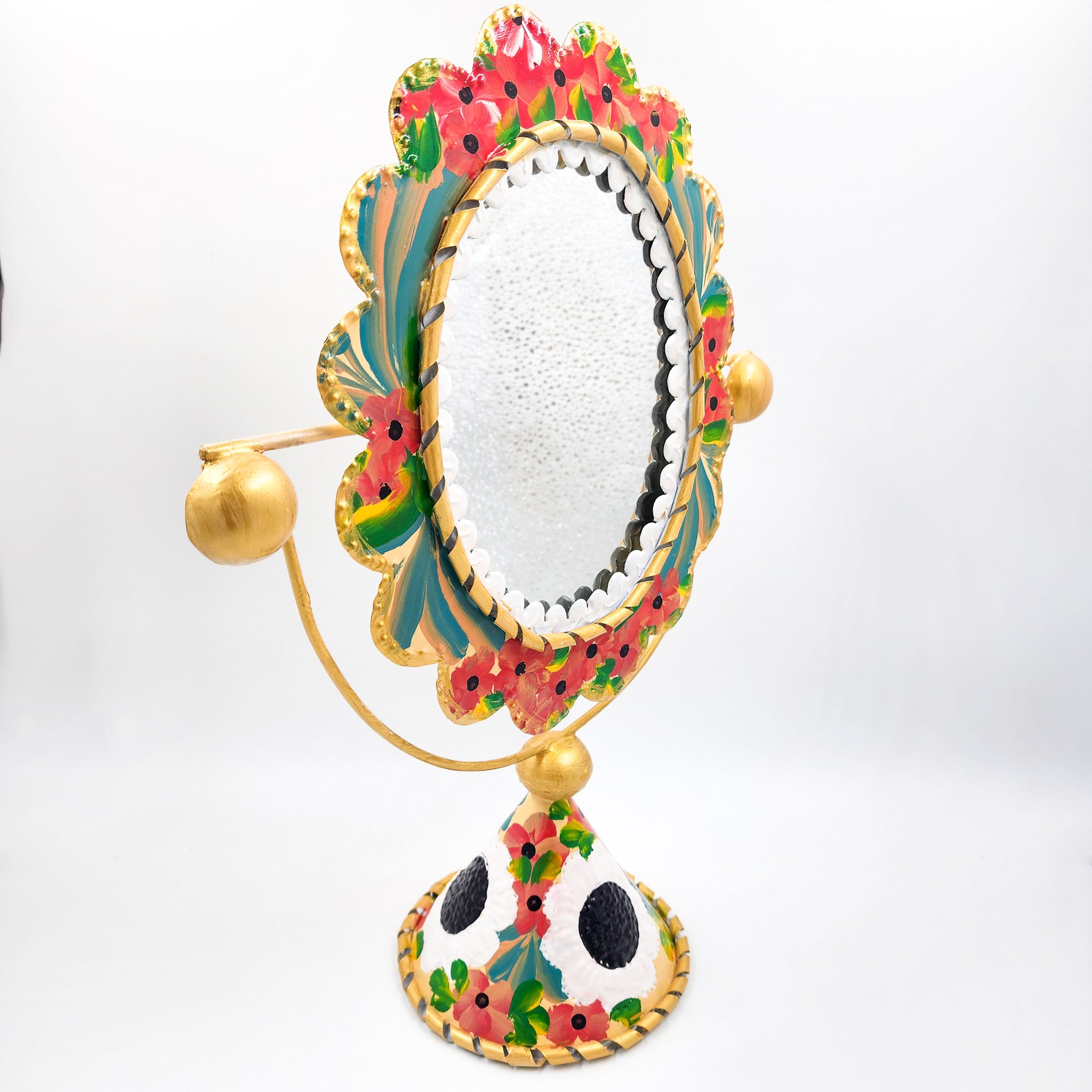 Hand-painted tin oval tabletop mirror