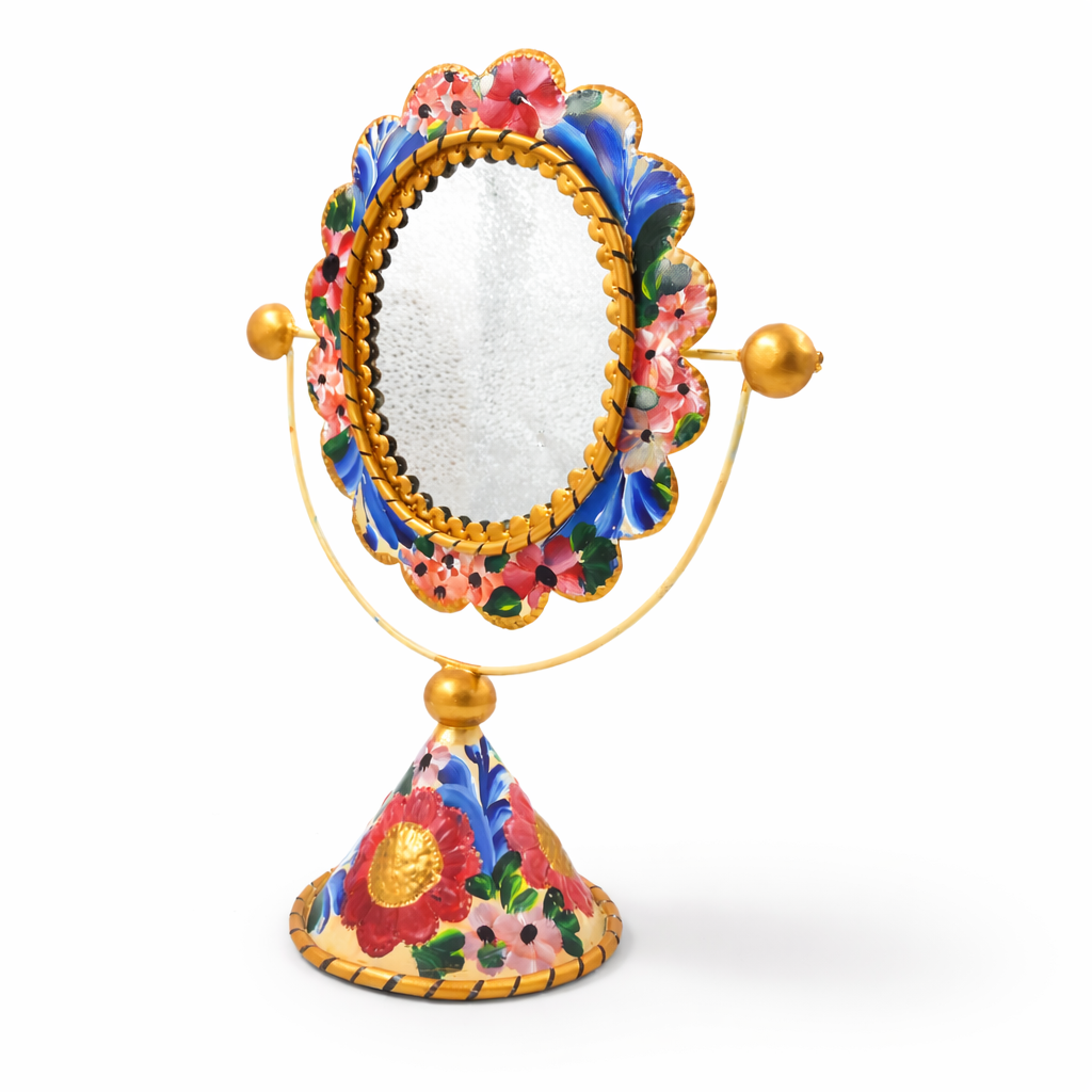 Hand-painted tin oval tabletop mirror
