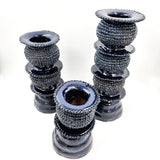 Juego de 3 candelabros de barro vidriado azul marino