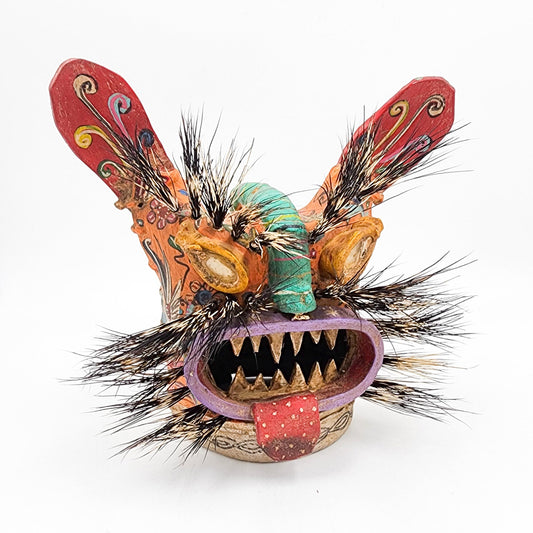 Tecuán mask made of leather and wild boar bristles