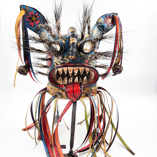 Máscara de Tecuán de cuero y pelo de jabalí - azul