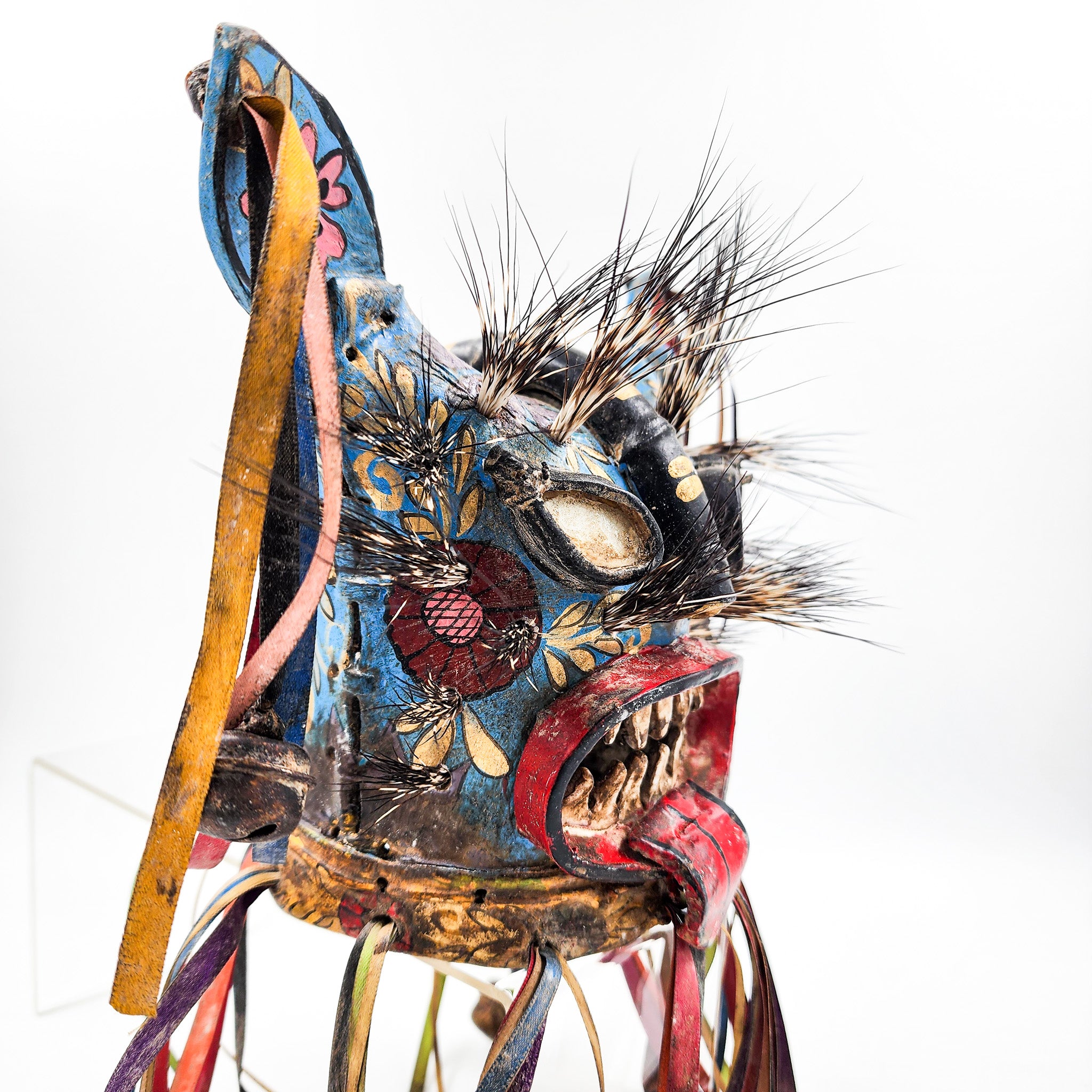 Máscara de Tecuán de cuero y pelo de jabalí - azul