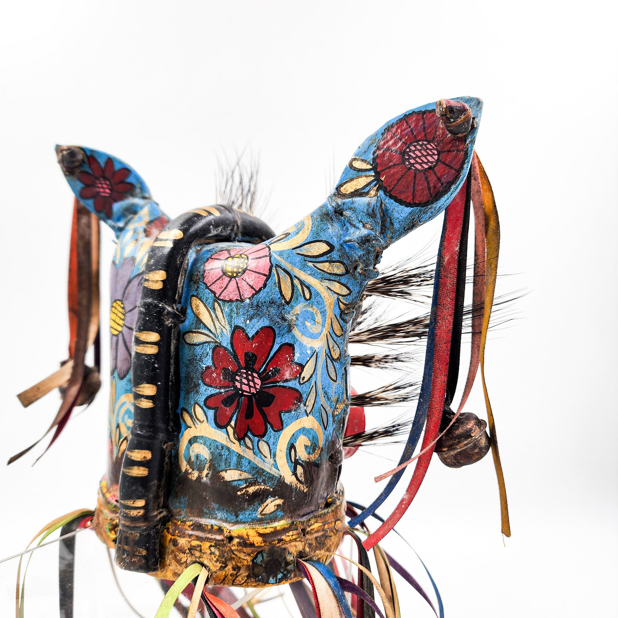 Máscara de Tecuán de cuero y pelo de jabalí - azul