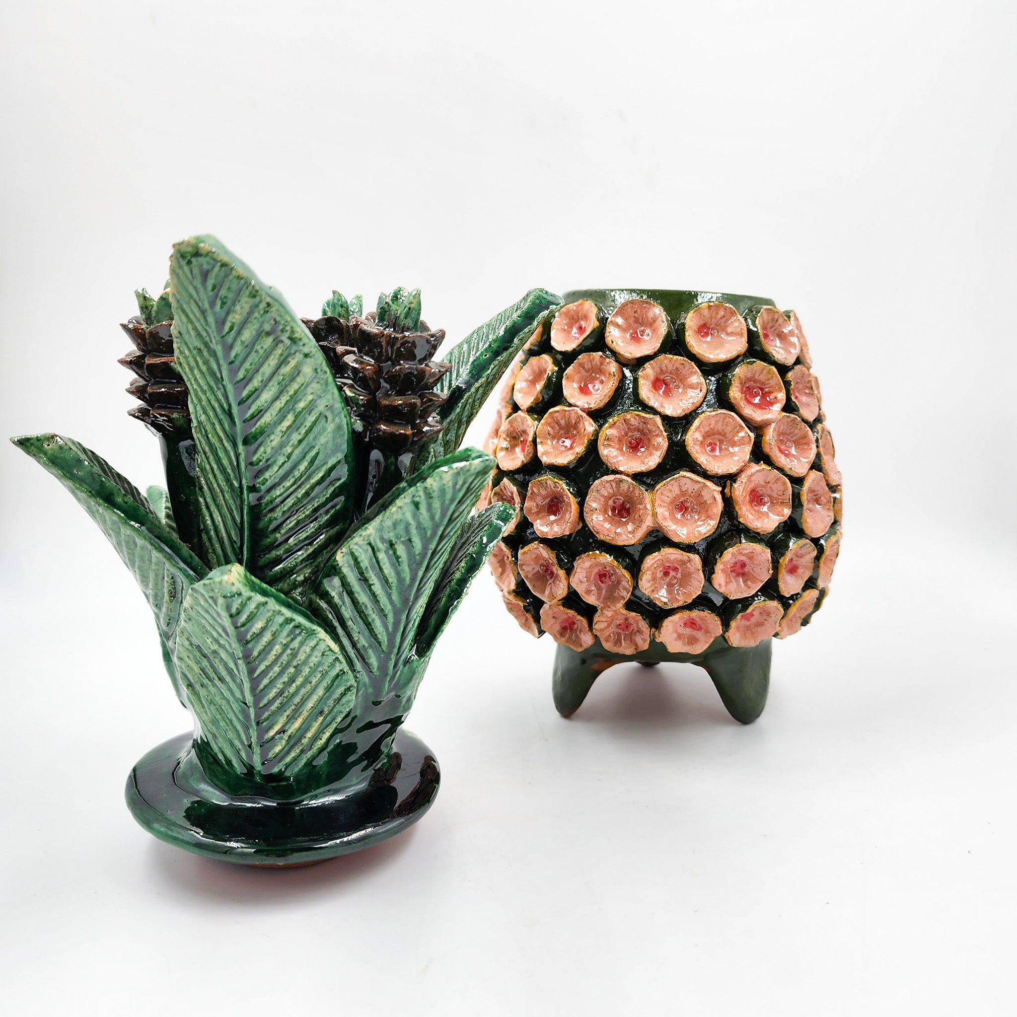 Piña de barro vidriado - Verde y rosa