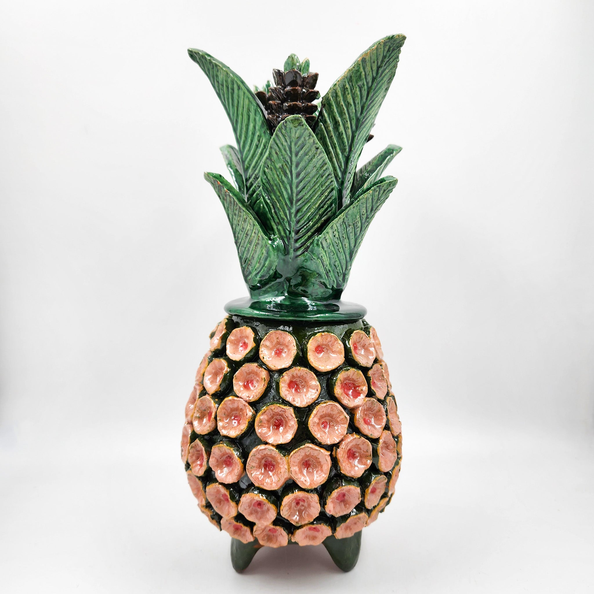 Piña de barro vidriado - Verde y rosa