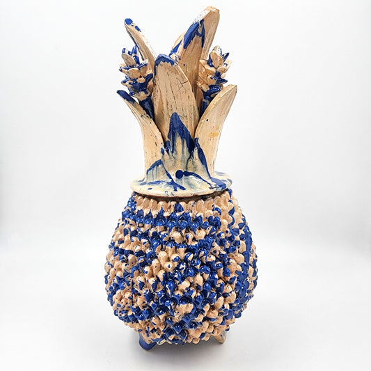 Piña de barro vidriado - azul con beige