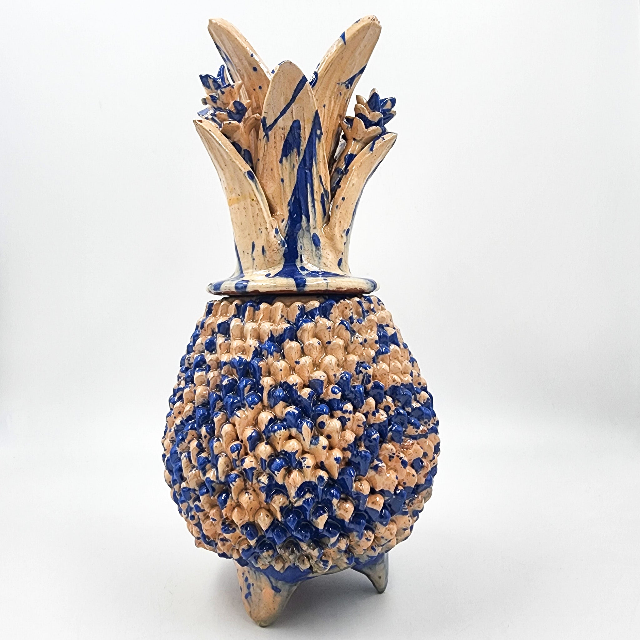 Piña de barro vidriado - azul con beige
