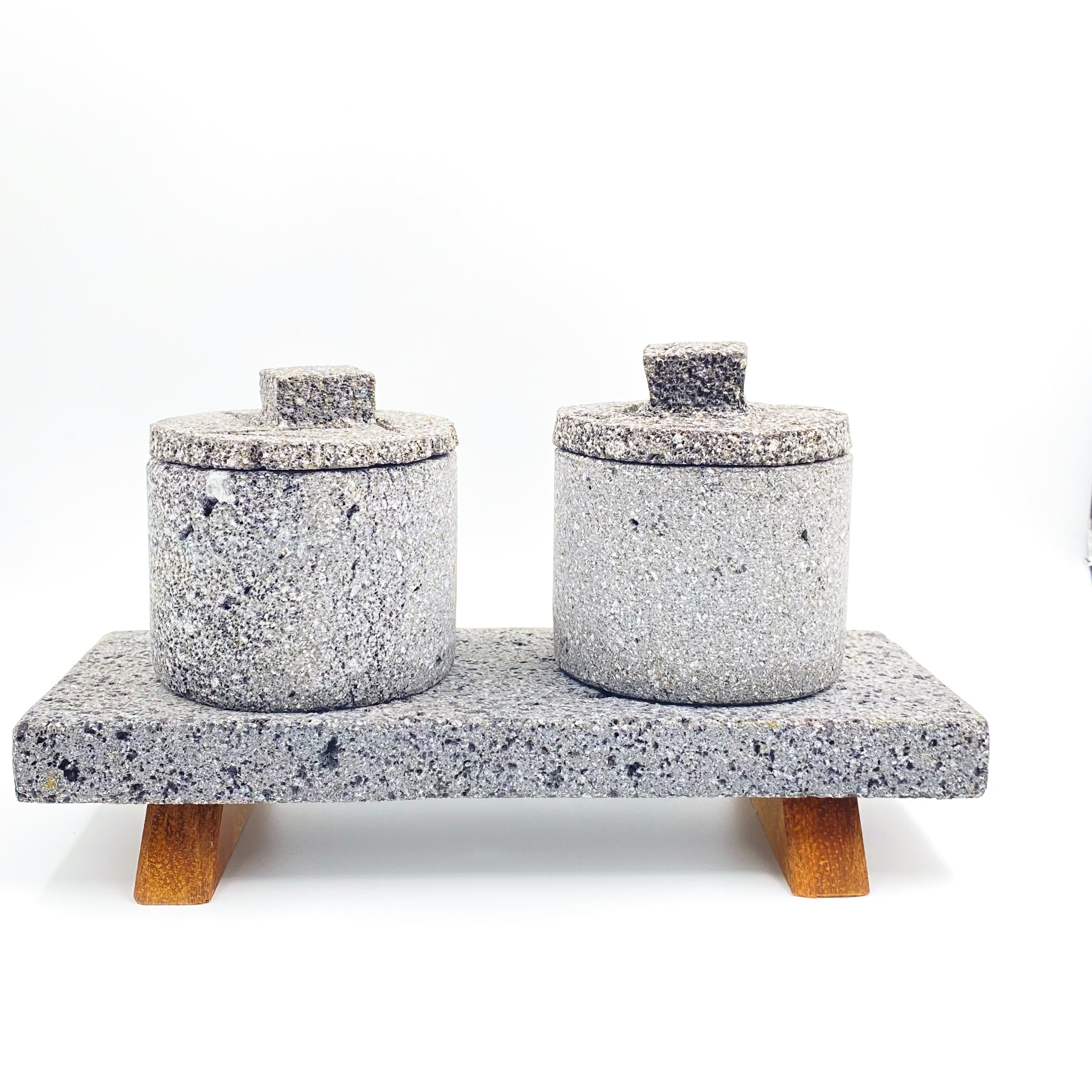 Volcanic stone salsero set with Hidalgo wood base