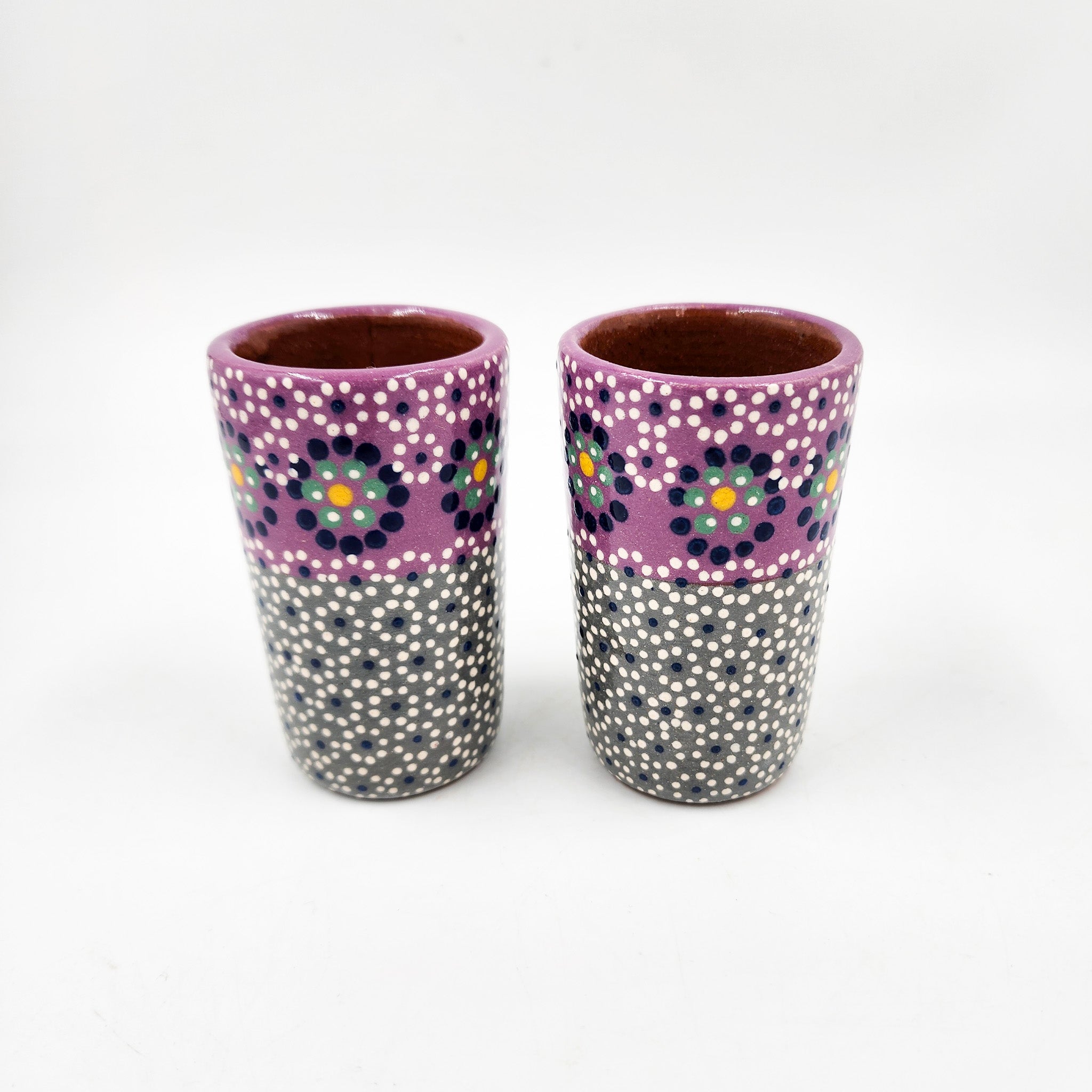 Tequileros de barro capulineado de dos colores - set de 2