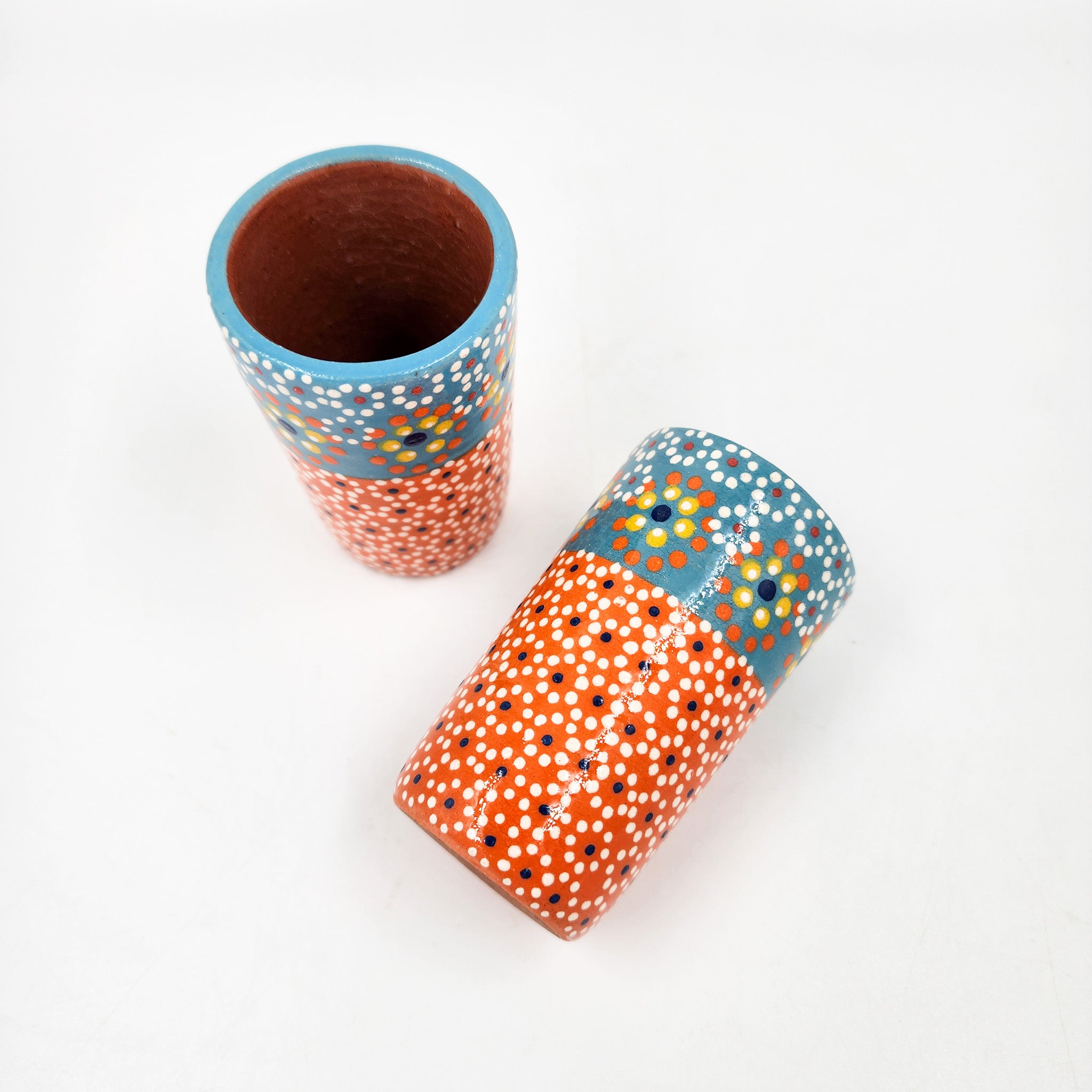 Tequileros de barro capulineado de dos colores - set de 2