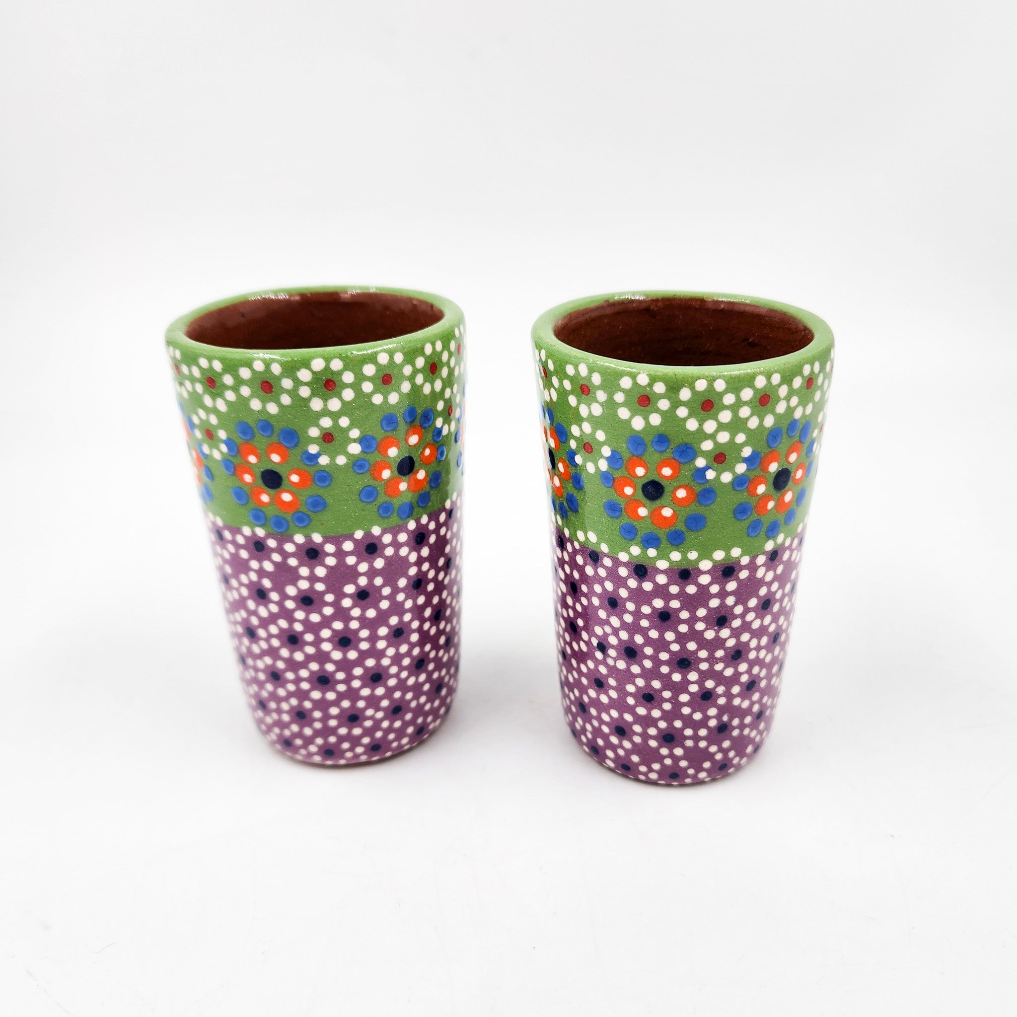 Tequileros de barro capulineado de dos colores - set de 2
