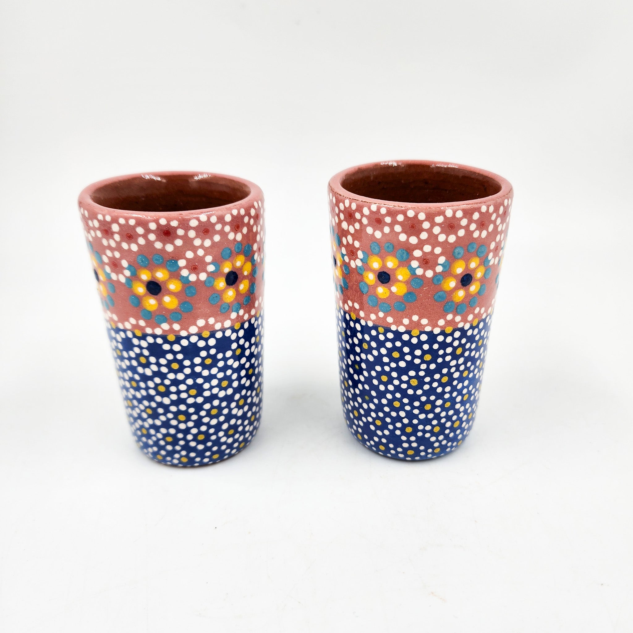 Tequileros de barro capulineado de dos colores - set de 2